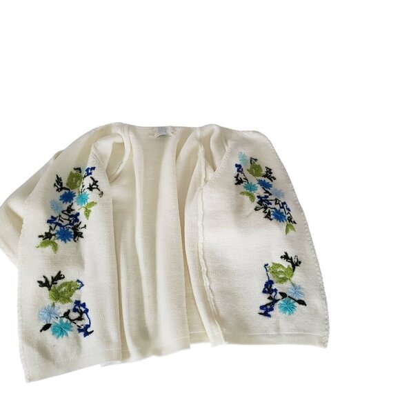 Vtg 60s 70s Sears LG Crewel Embroidered Floral Ivory White Open Front  Cardigan - Picture 6 of 12